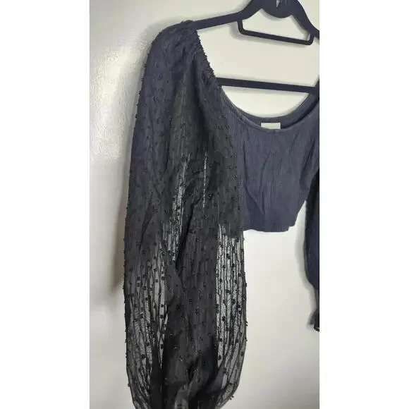 Urban Outfitters Top Womens Small Puff Long Sleeve Sheer Mesh Cropped Shirt - Picture 4 of 6